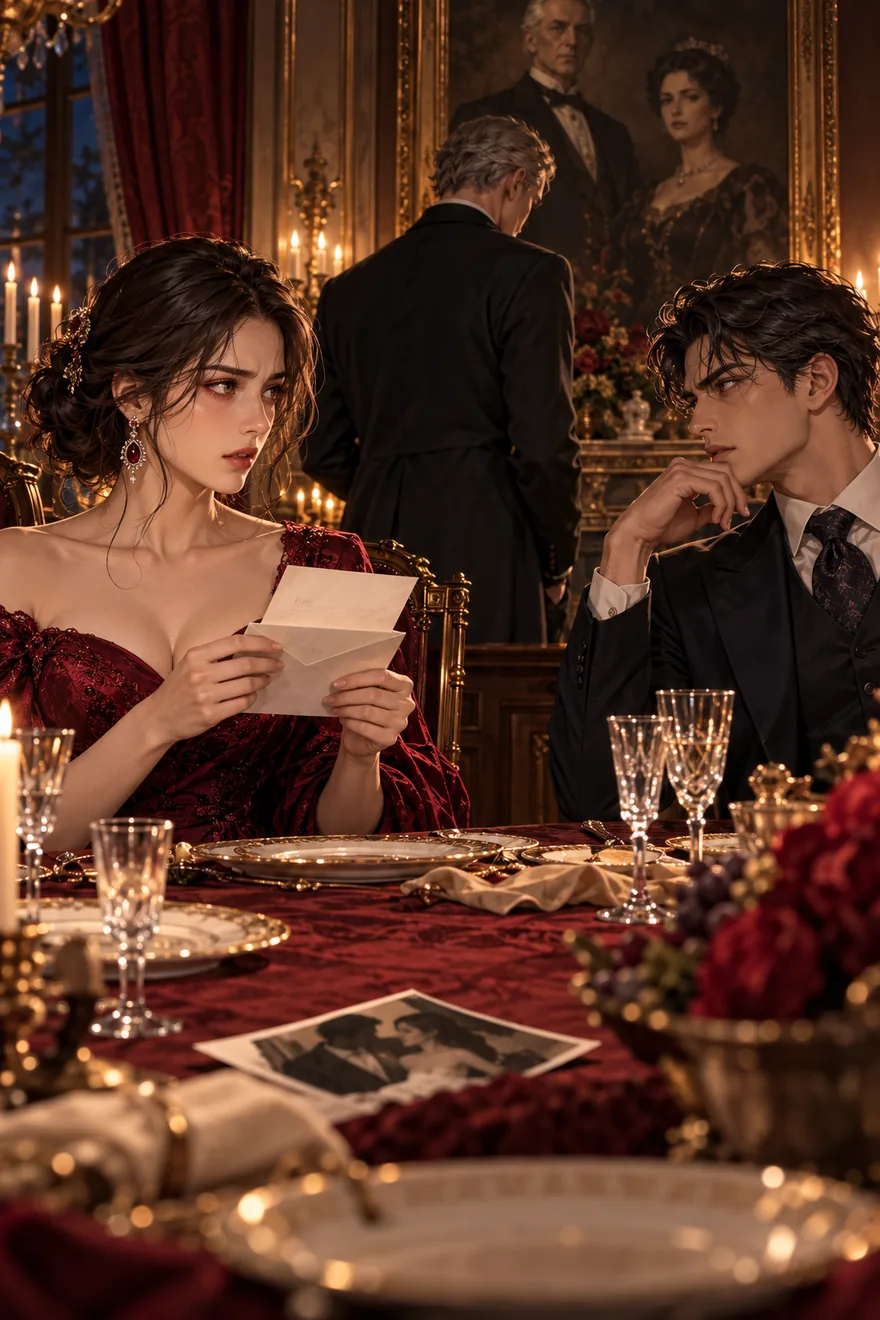 A woman in a red dress reads a letter at a candlelit dinner table while two men sit nearby.