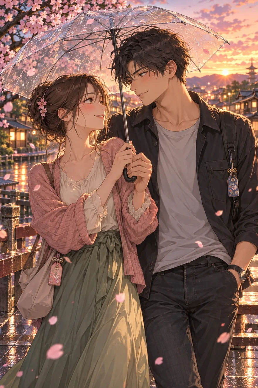 A couple shares a clear umbrella under falling cherry blossoms at sunset.