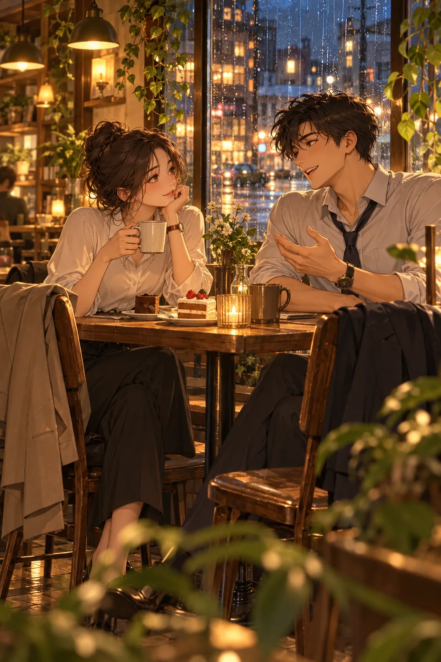 A couple chats over coffee and cake in a cozy café on a rainy evening.