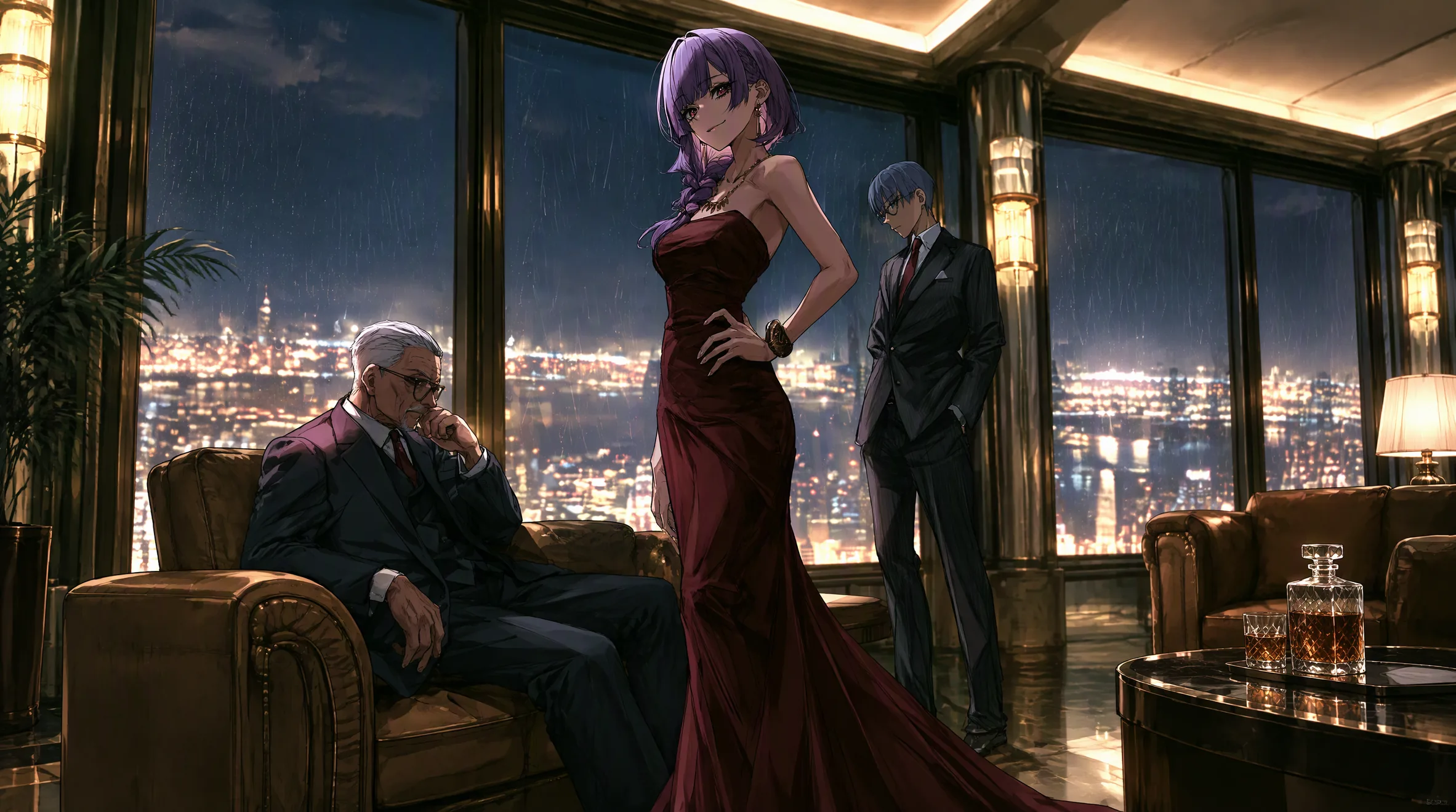 A woman in a red gown stands with a seated older man and a man in a suit in a lounge overlooking the city at night.