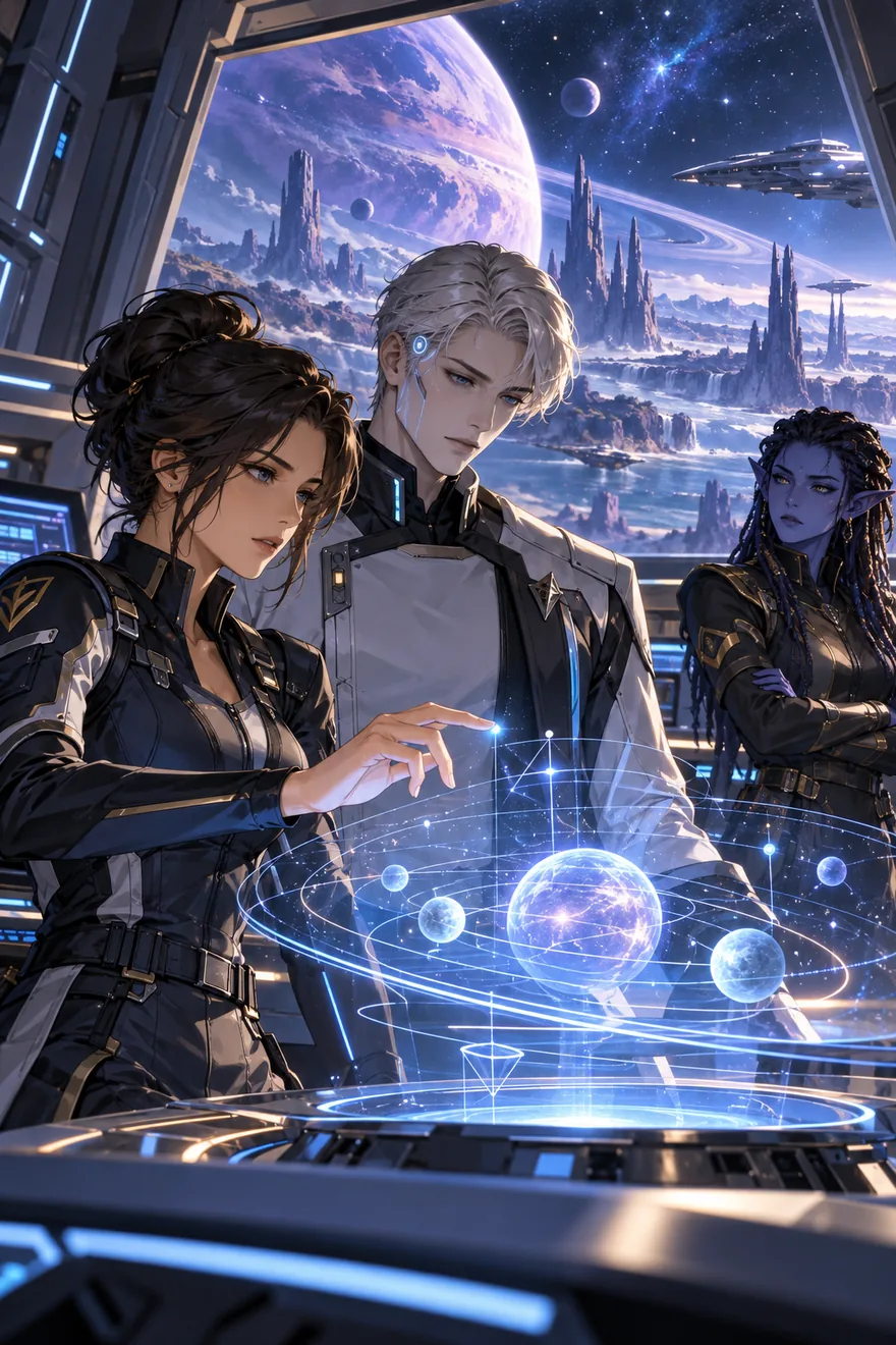 Three crew members study a holographic star map aboard a spaceship above an alien planet.
